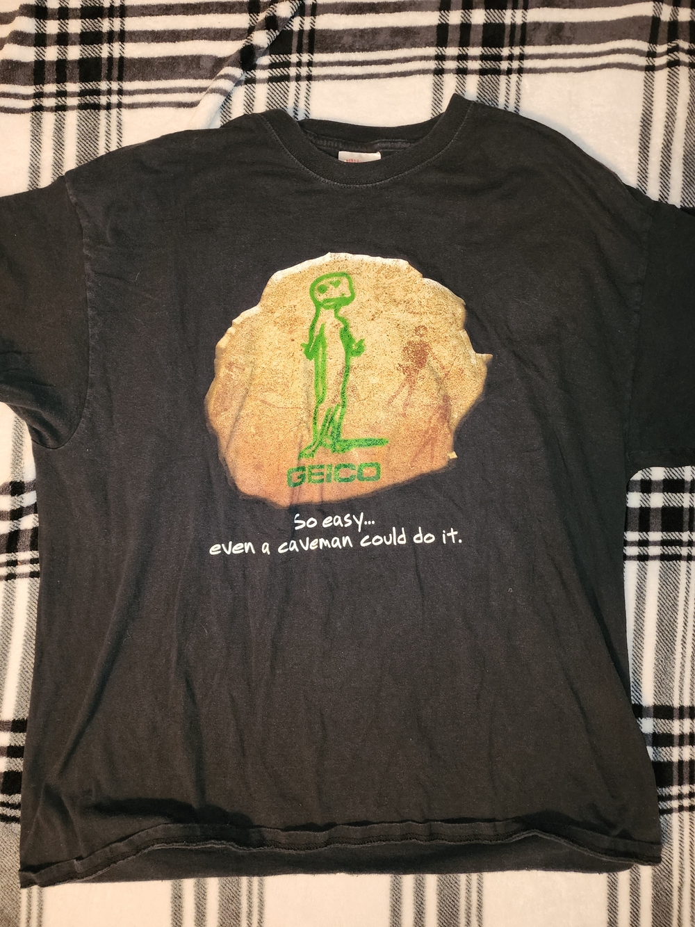 Hanes Black T-Shirt with Green GEICO Caveman Graphic